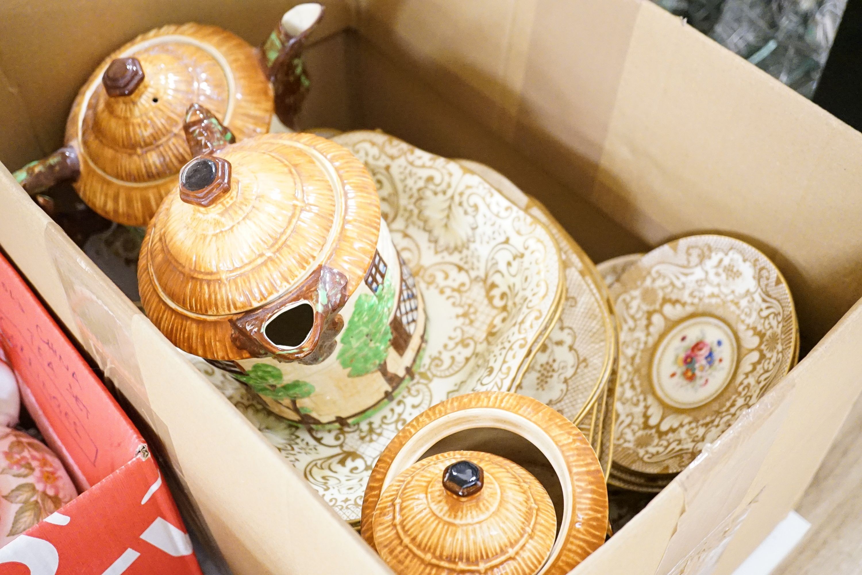 A Crown Staffordshire fifty nine piece part tea set and dessert service, central flowers and gilt borders